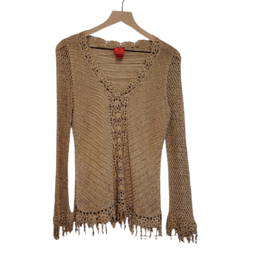 V Cristina Gold Sparkle 100% Rayon Crochet Top, Size XL